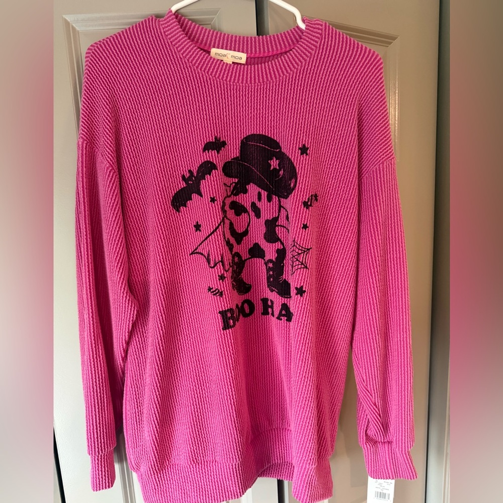 Moa Moa Hot Pink Crewneck Sweater with Black Graphic